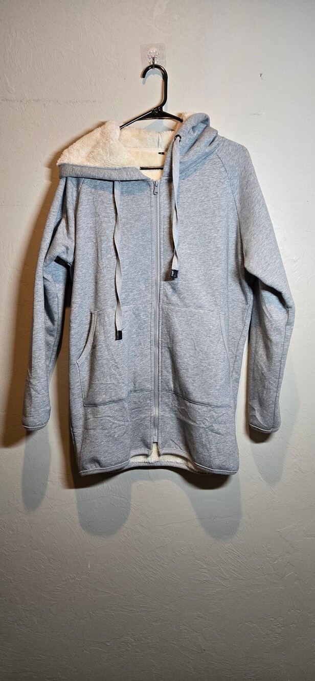 Large Light Gray Sherpa Lined Full Zip Hoodie with Drawstring Hood